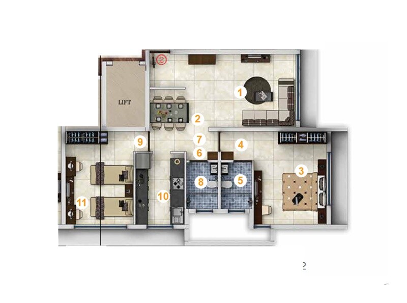 Floor plan of 2 BHK 790 Sq. Ft. Apartment in Aspire Residency, Mumbai