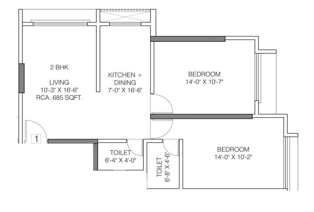 Floor plan of 2 BHK 685 Sq. Ft. Apartment in Asshna Seabliss, Mumbai