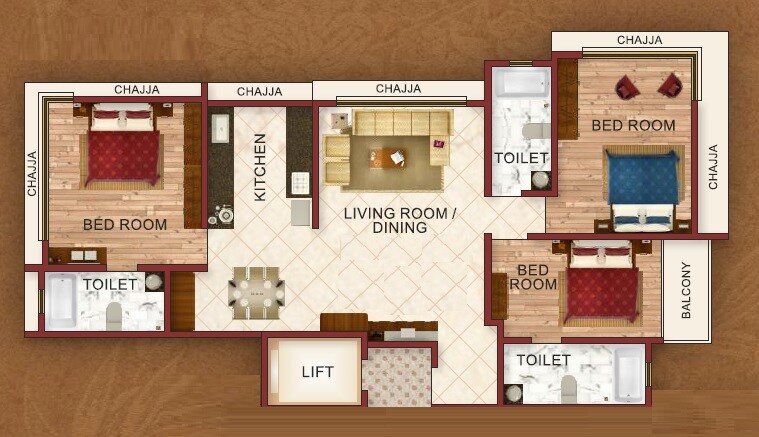 Floor plan of 3 BHK 1186 Sq. Ft. Apartment in Aster Casa Celeste, Mumbai