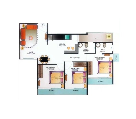 Floor plan of 3 BHK 756 Sq. Ft. Apartment in Astha Kalash, Mumbai