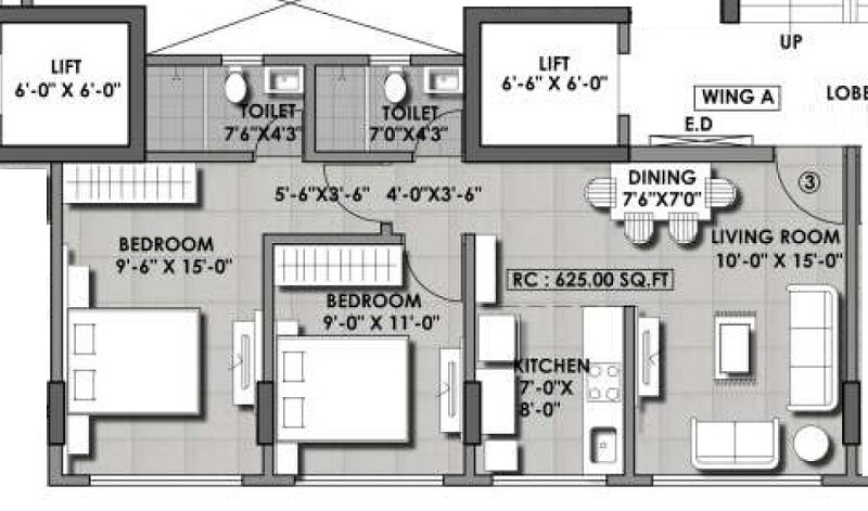 Floor plan of 2 BHK 625 Sq. Ft. Apartment in Atharv Casa, Mumbai