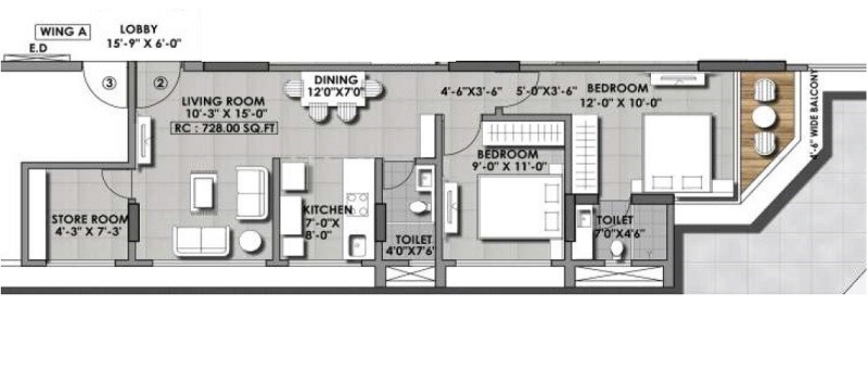 Floor plan of 2 BHK 728 Sq. Ft. Apartment in Atharv Casa, Mumbai
