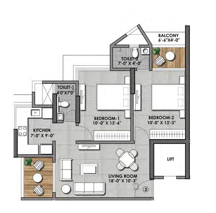2 BHK 883 Sq. Ft. Apartment