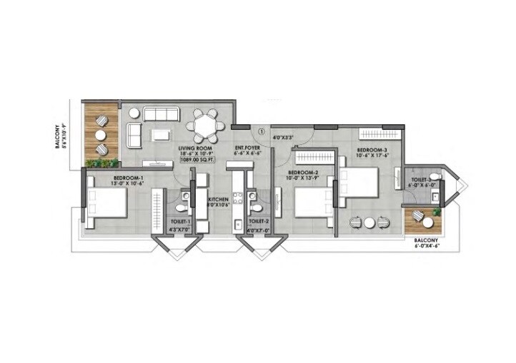 Floor plan of 3 BHK 1298 Sq. Ft. Apartment in Atharv Heights, Mumbai