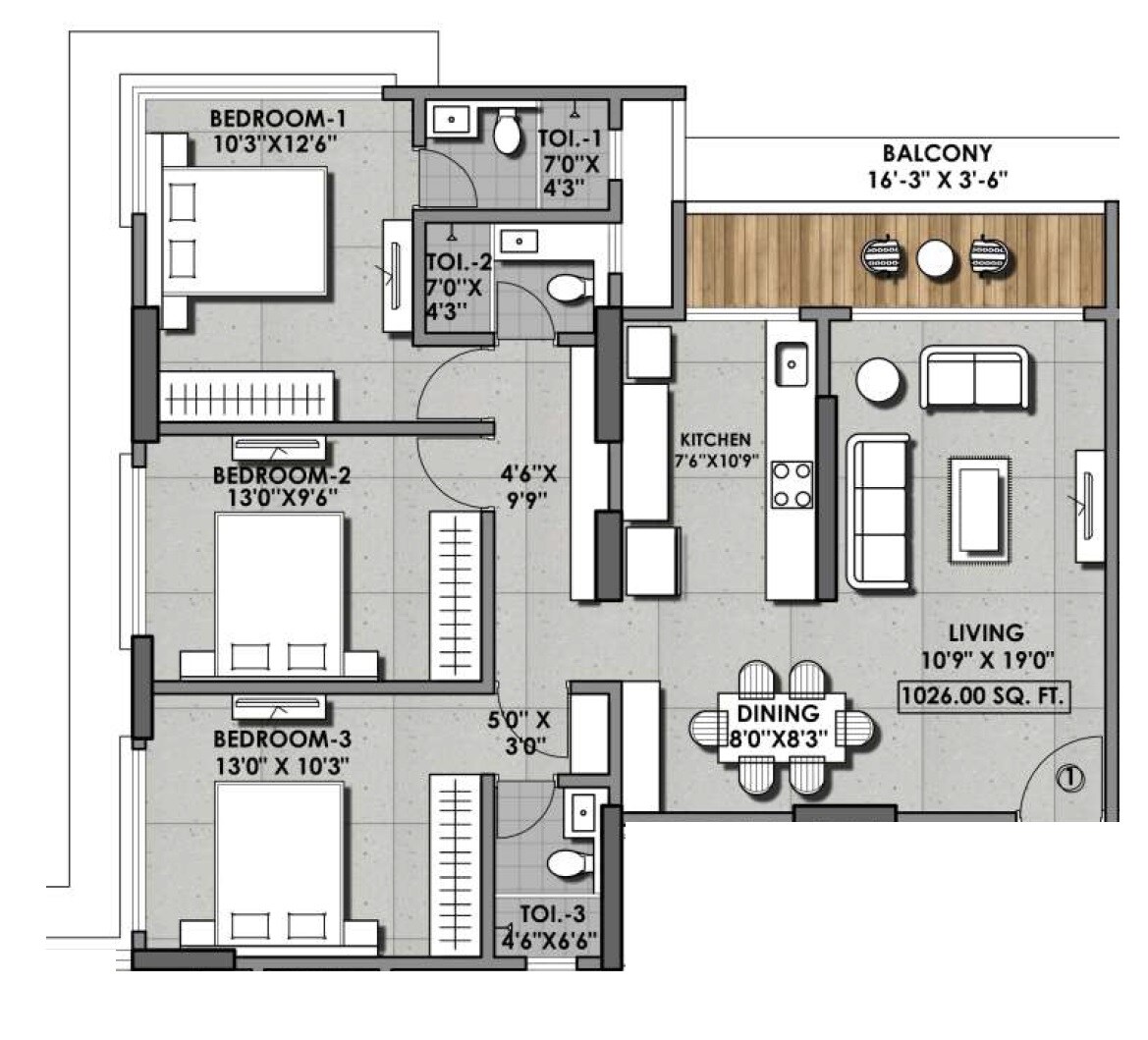 3 BHK 1026 Sq. Ft. Apartment