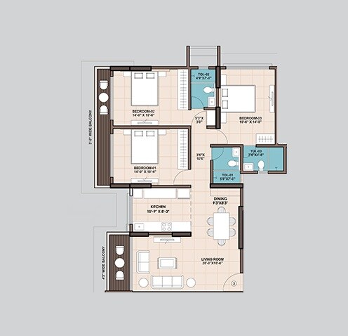 3 BHK 817 Sq. Ft. Apartment