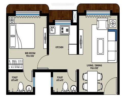 Floor plan of 1 BHK 368 Sq. Ft. Apartment in Atharva Om Gautam Residency, Mumbai