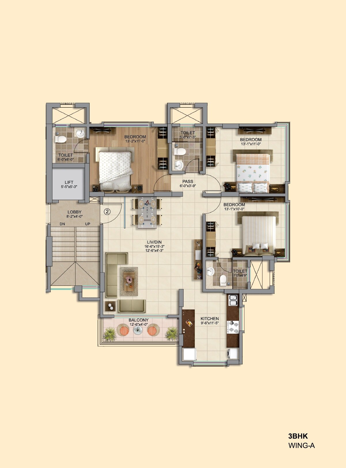 Floor plan of 3 BHK 774 Sq. Ft. Apartment in Atharva Shagun, Mumbai