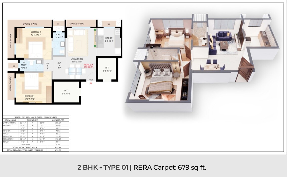 Floor plan of 2 BHK 679 Sq. Ft. Apartment in Atharva Vaibhav, Mumbai