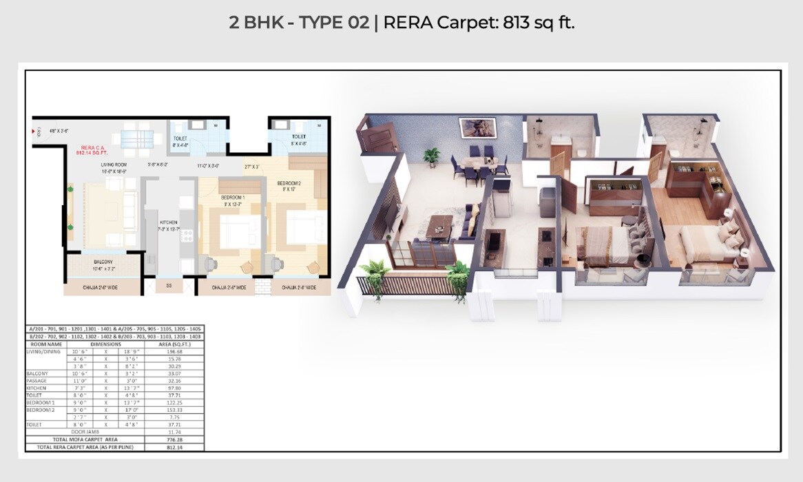 Floor plan of 2 BHK 813 Sq. Ft. Apartment in Atharva Vaibhav, Mumbai