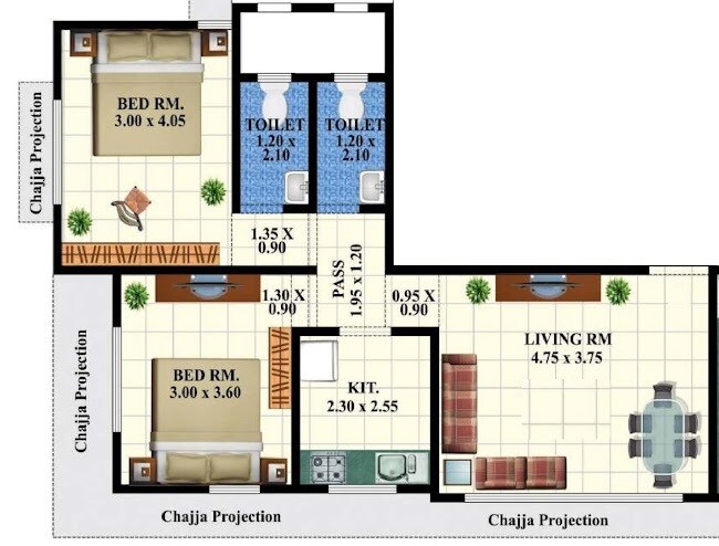 Floor plan of 2 BHK Apartment - 615 sq. ft. in Atlanta Malhar Guide, Mumbai