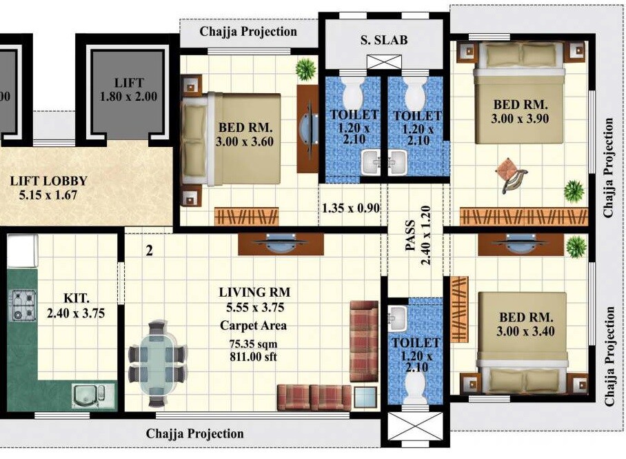 Floor plan of 3 BHK Apartment - 811 sq. ft. in Atlanta Malhar Guide, Mumbai