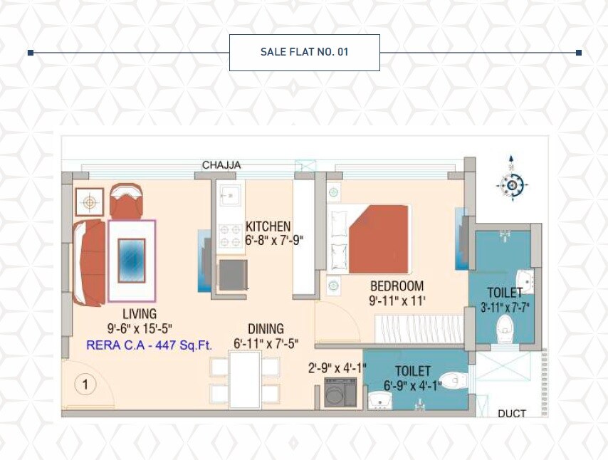 Floor plan of 1 BHK 447 Sq. Ft. Apartment in Atlantic Baldevsingh Thakur Sra CHS, Mumbai