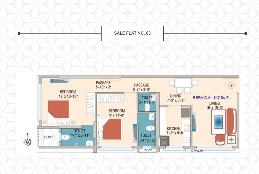 Floor plan of 2 BHK 647 Sq. Ft. Apartment in Atlantic Baldevsingh Thakur Sra CHS, Mumbai