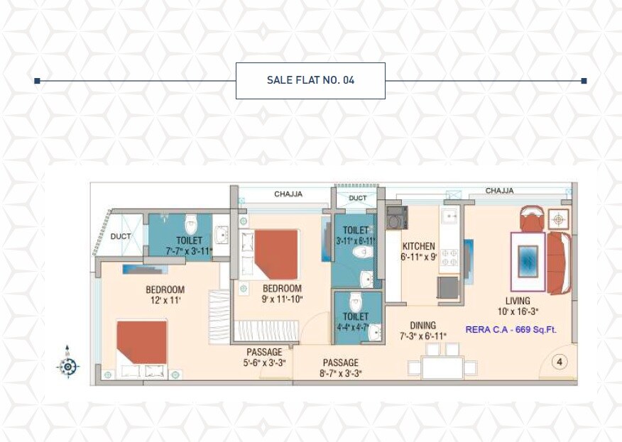 Floor plan of 2 BHK 669 Sq. Ft. Apartment in Atlantic Baldevsingh Thakur Sra CHS, Mumbai