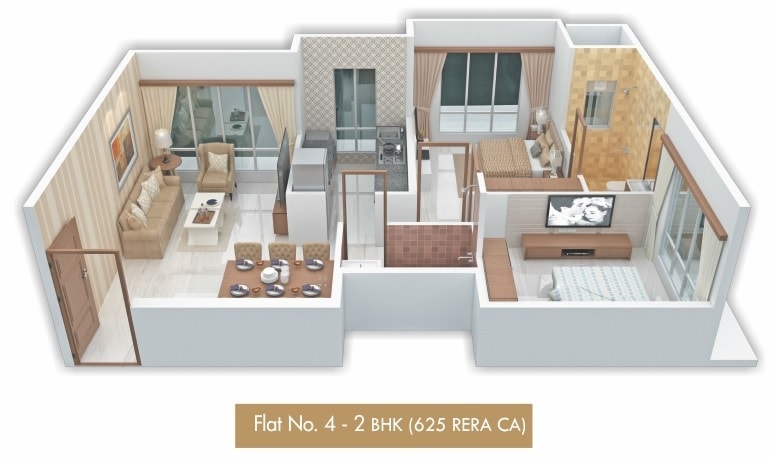 Floor plan of 2 BHK 625 Sq. Ft. Apartment in Atmaram Towers, Mumbai