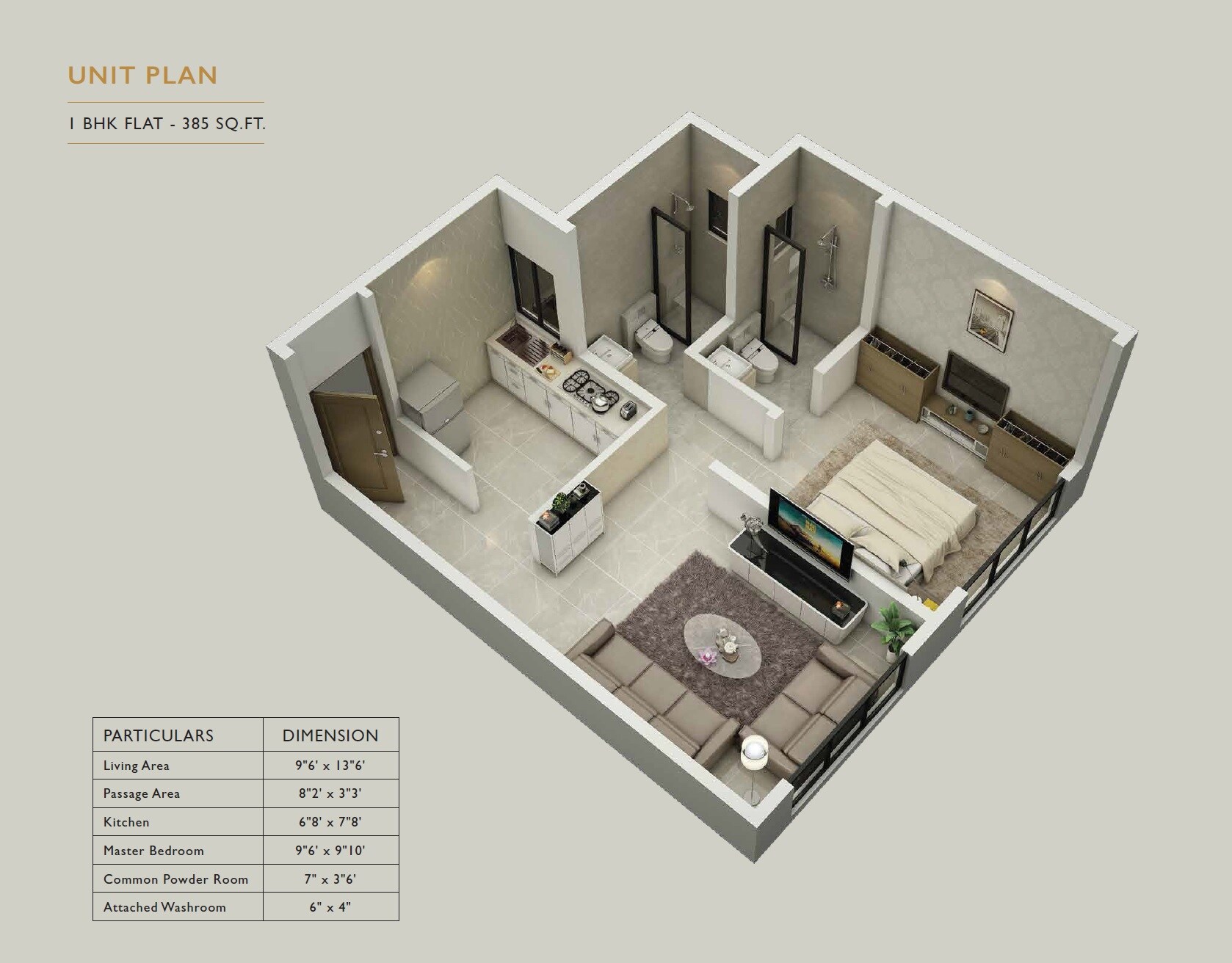 Floor plan of 1 BHK 385 Sq. Ft. Apartment in Atmiya Centria, Mumbai