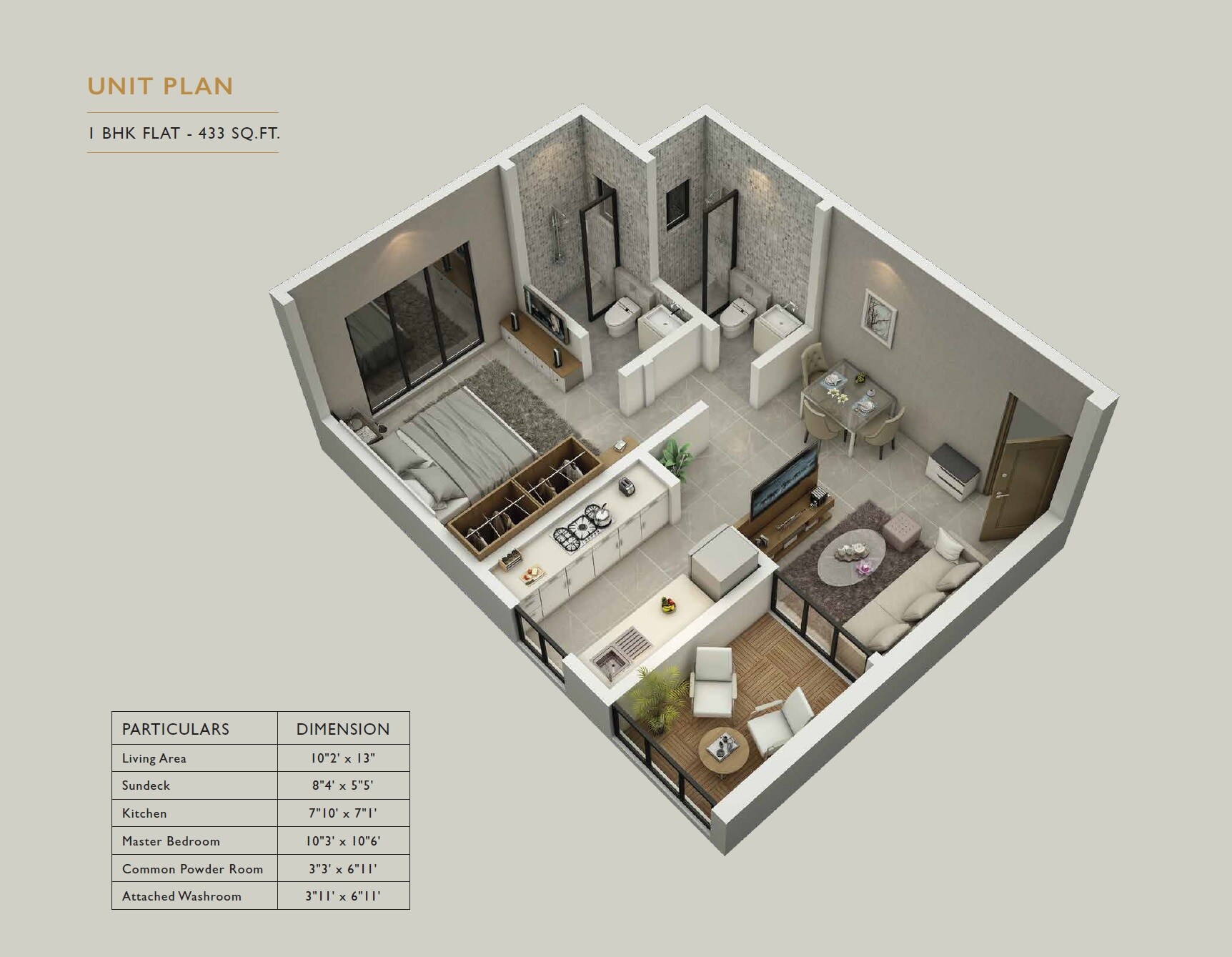 Floor plan of 1 BHK 433 Sq. Ft. Apartment in Atmiya Centria, Mumbai