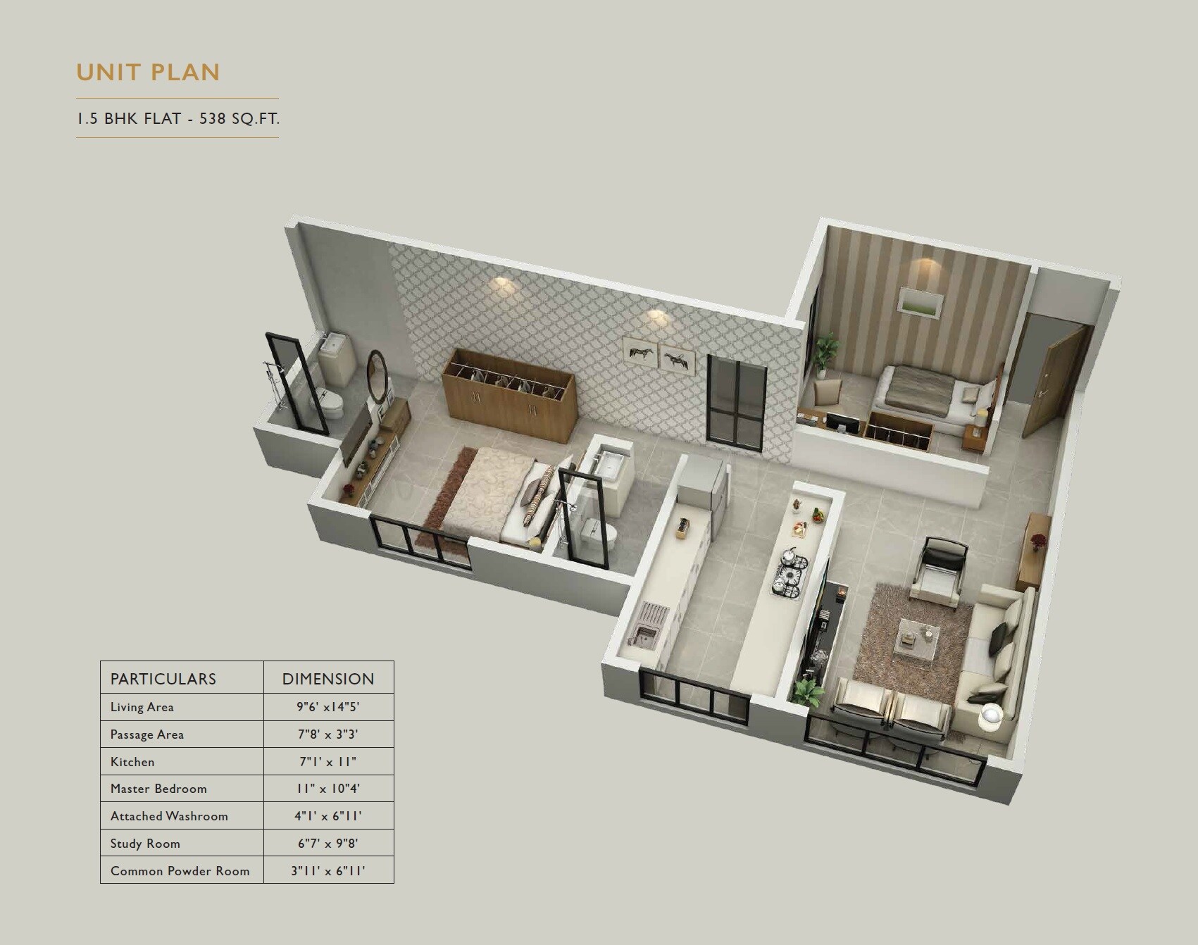 Floor plan of 2 BHK 538 Sq. Ft. Apartment in Atmiya Centria, Mumbai