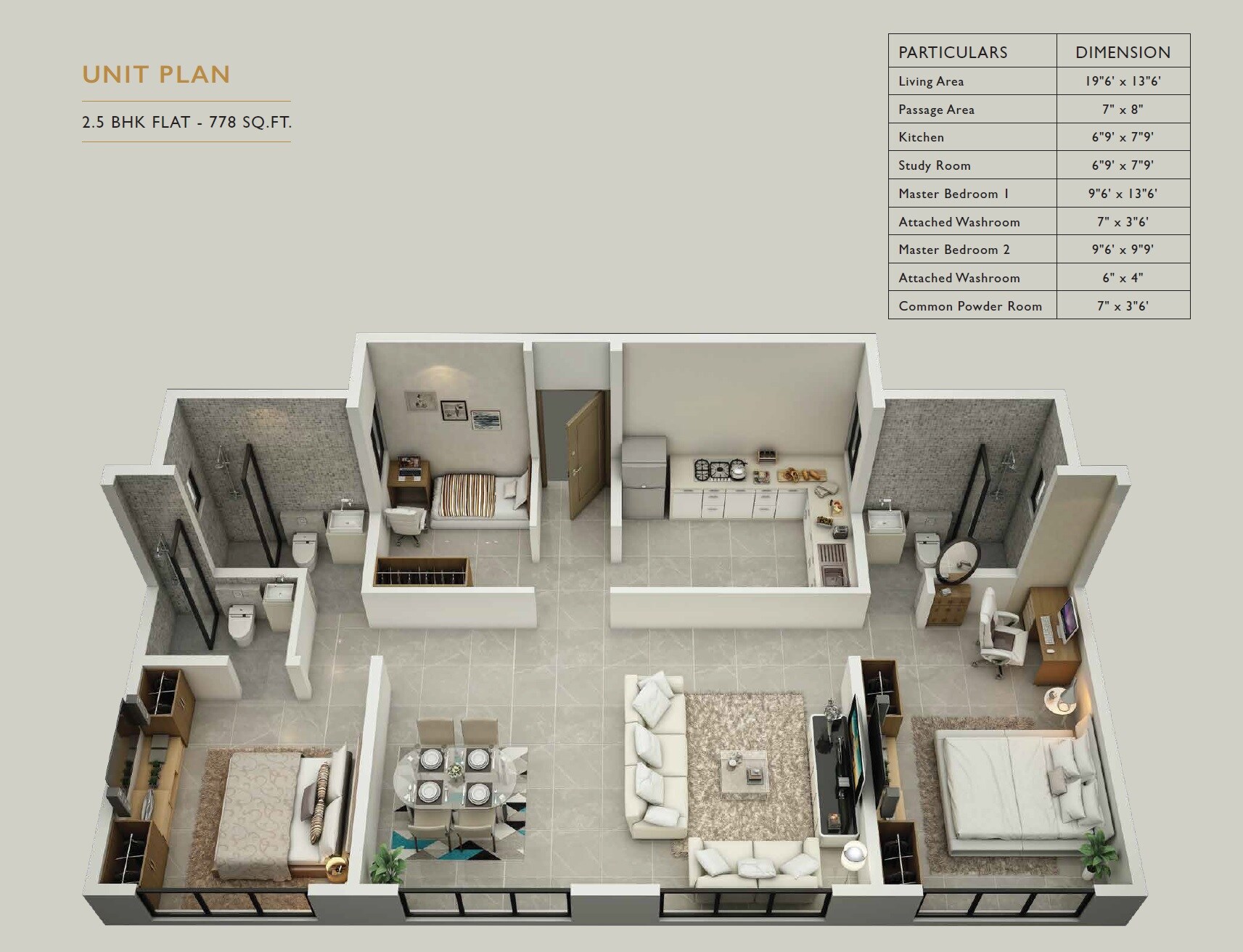 Floor plan of 2 BHK 778 Sq. Ft. Apartment in Atmiya Centria, Mumbai