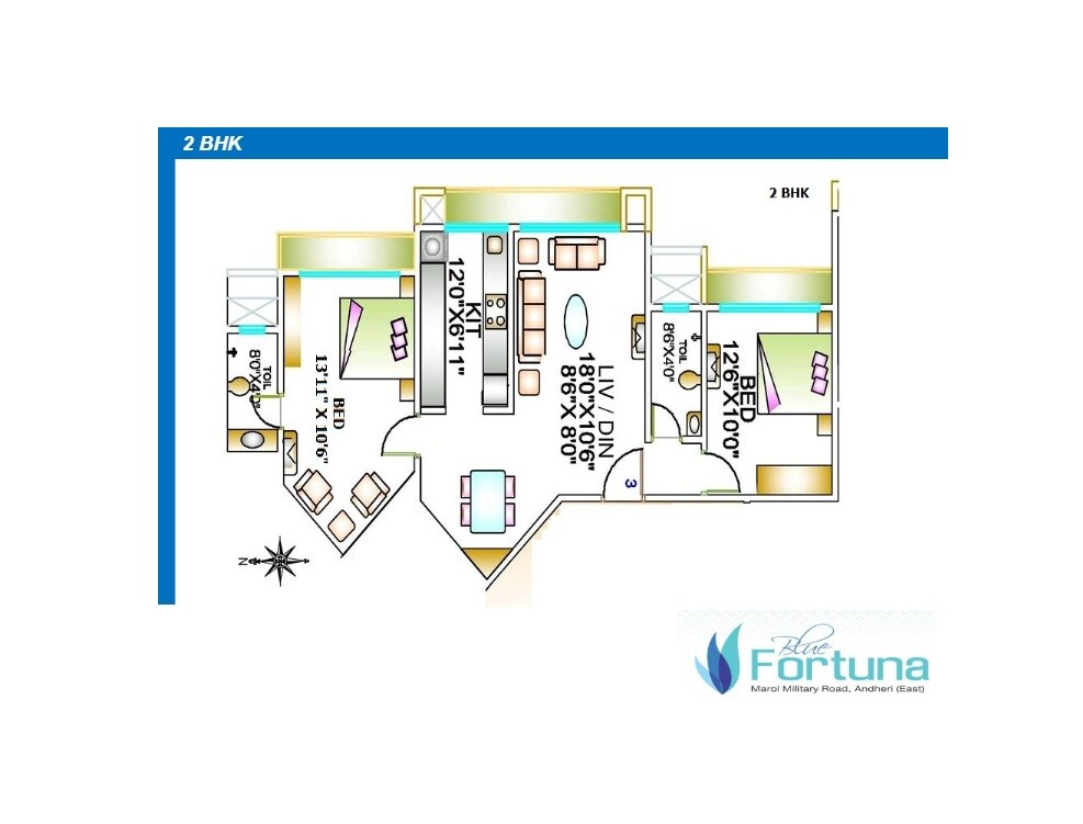 Floor plan of 2 BHK 719 Sq. Ft. Apartment in Atul Blue Fortuna, Mumbai