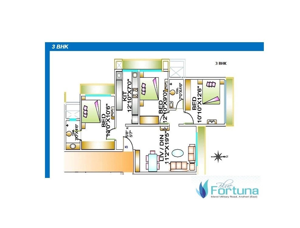 Floor plan of 3 BHK 1084 Sq. Ft. Apartment in Atul Blue Fortuna, Mumbai