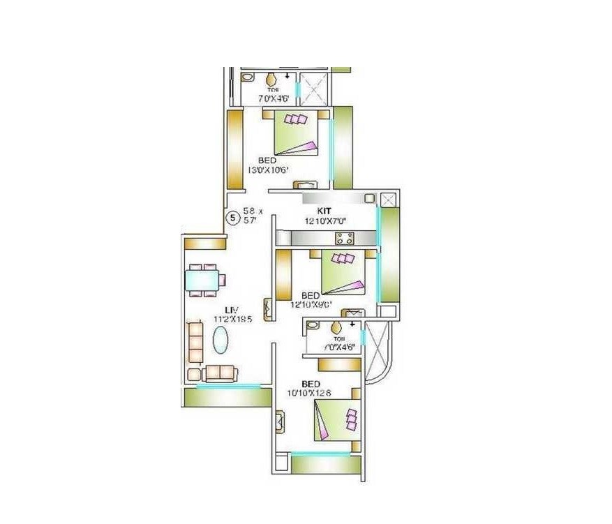 Floor plan of 3 BHK 850 Sq. Ft. Apartment in Atul Blue Fortuna, Mumbai