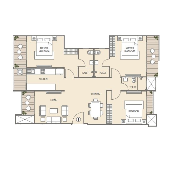 Floor plan of 3 BHK 1142 Sq. Ft. Apartment in Atul Hillcreast, Mumbai