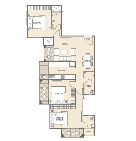 Floor plan of 3 BHK 1485 Sq. Ft. Apartment in Atul Hillcreast, Mumbai