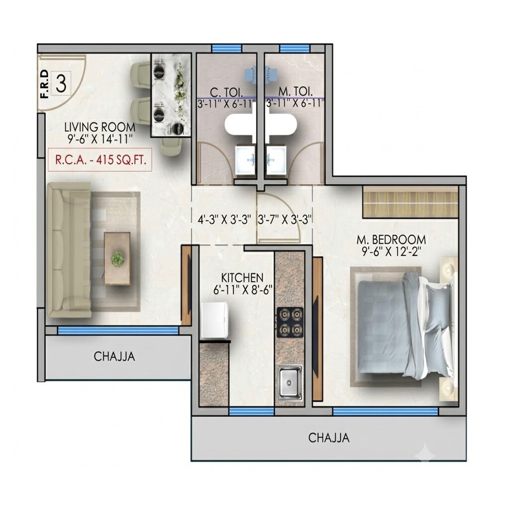 Floor plan of 1 BHK Apartment - 415 sq. ft. in Atul Tower CHS, Mumbai