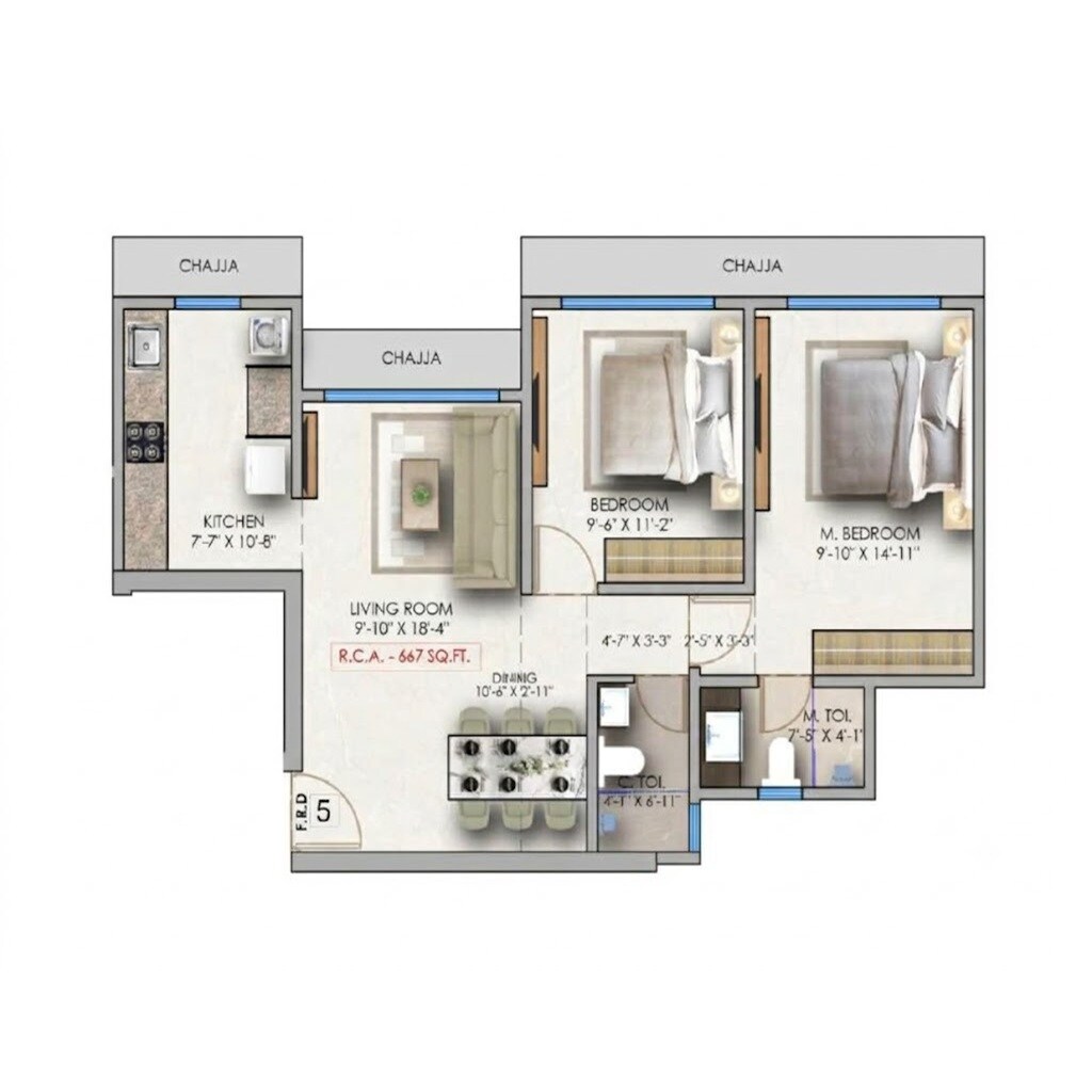 2 BHK 667 Sq. Ft. Apartment