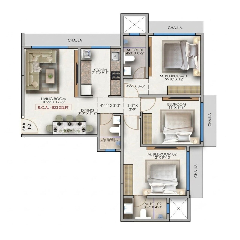 Floor plan of 3 BHK Apartment - 823 sq. ft. in Atul Tower CHS, Mumbai