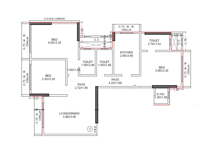 Floor plan of 3 BHK 1389 Sq. Ft. Apartment in Aum Nav Kiran, Mumbai