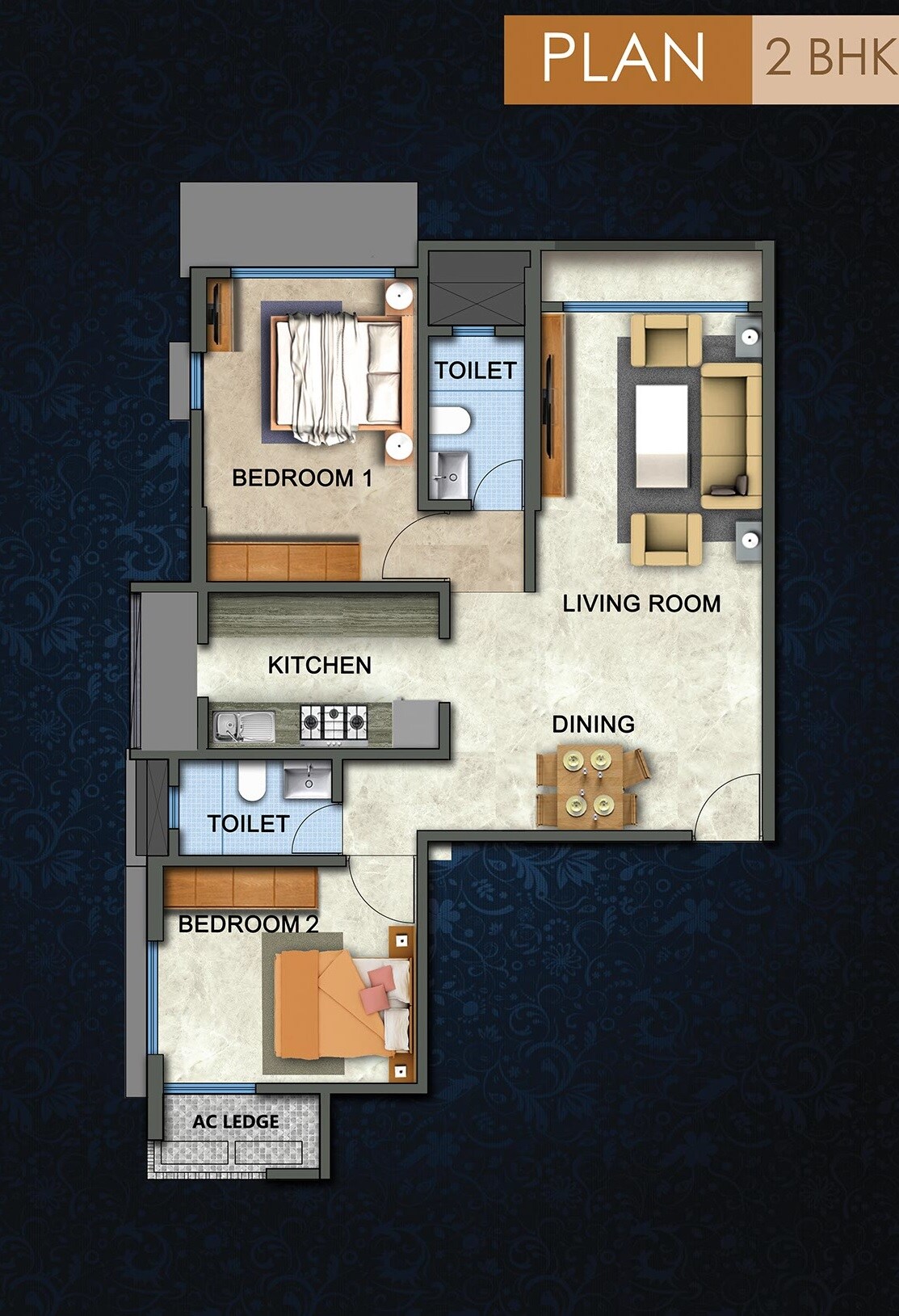 Floor plan of 2 BHK 736 Sq. Ft. Apartment in Aura Zephyr, Mumbai