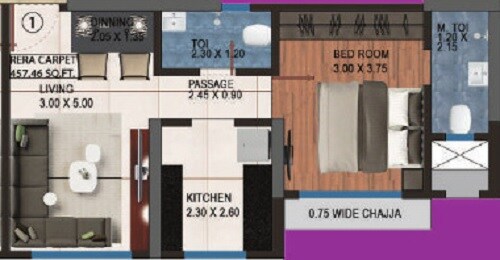 Floor plan of 1 BHK 457 Sq. Ft. Apartment in Aurigae Residency, Mumbai