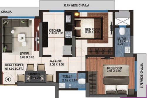 Floor plan of 2 BHK 614 Sq. Ft. Apartment in Aurigae Residency, Mumbai