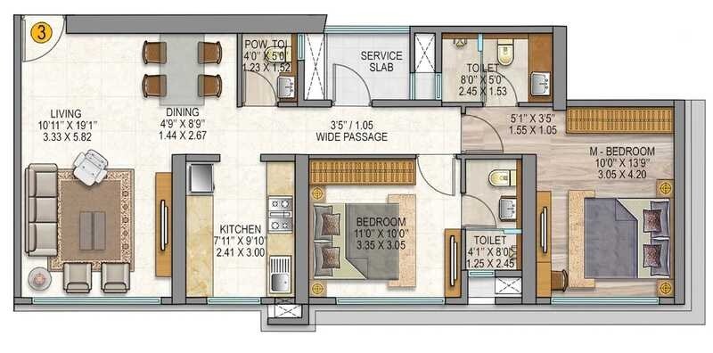 Floor plan of 2 BHK 799 Sq. Ft. Apartment in Sheth Auris Serenity Tower 1, Mumbai