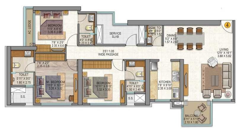 Floor plan of 3 BHK 1321 Sq. Ft. Apartment in Sheth Auris Serenity Tower 1, Mumbai