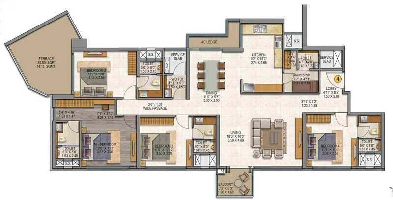 Floor plan of 4 BHK 1609 Sq. Ft. Apartment in Sheth Auris Serenity Tower 1, Mumbai