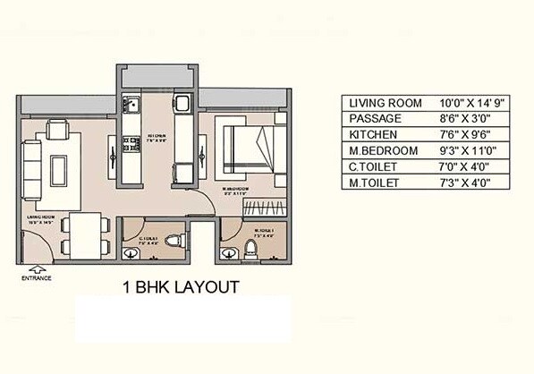Floor plan of 1 BHK 417 Sq. Ft. Apartment in Ava Guru Dwarka, Mumbai