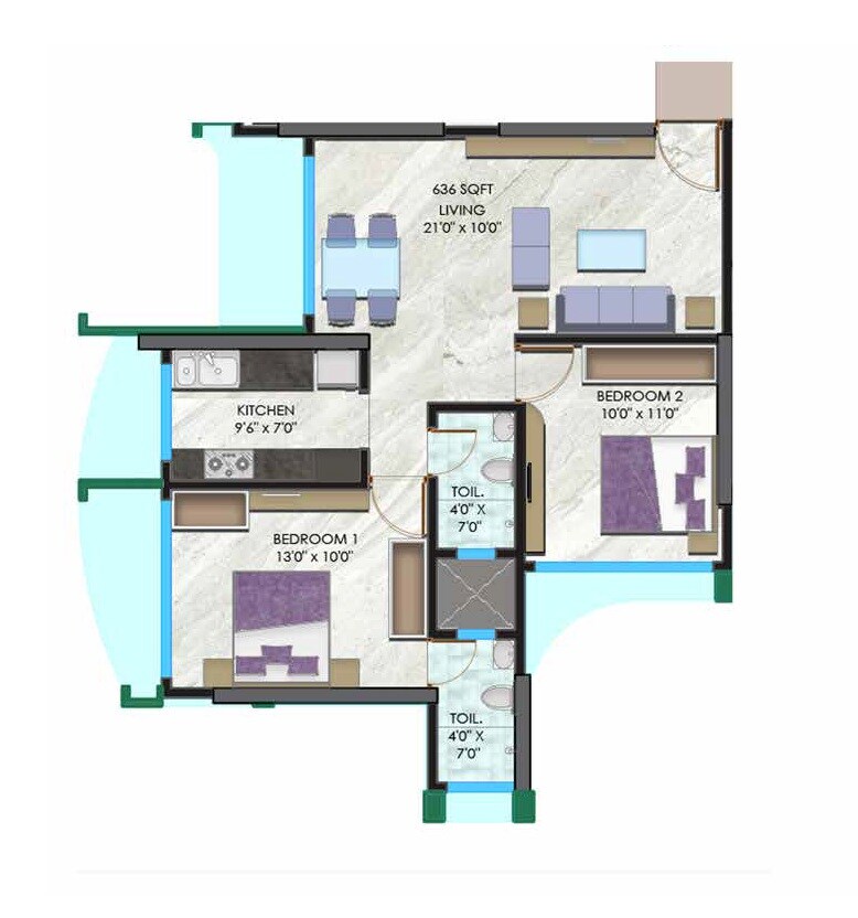 2 BHK 636 Sq. Ft. Apartment