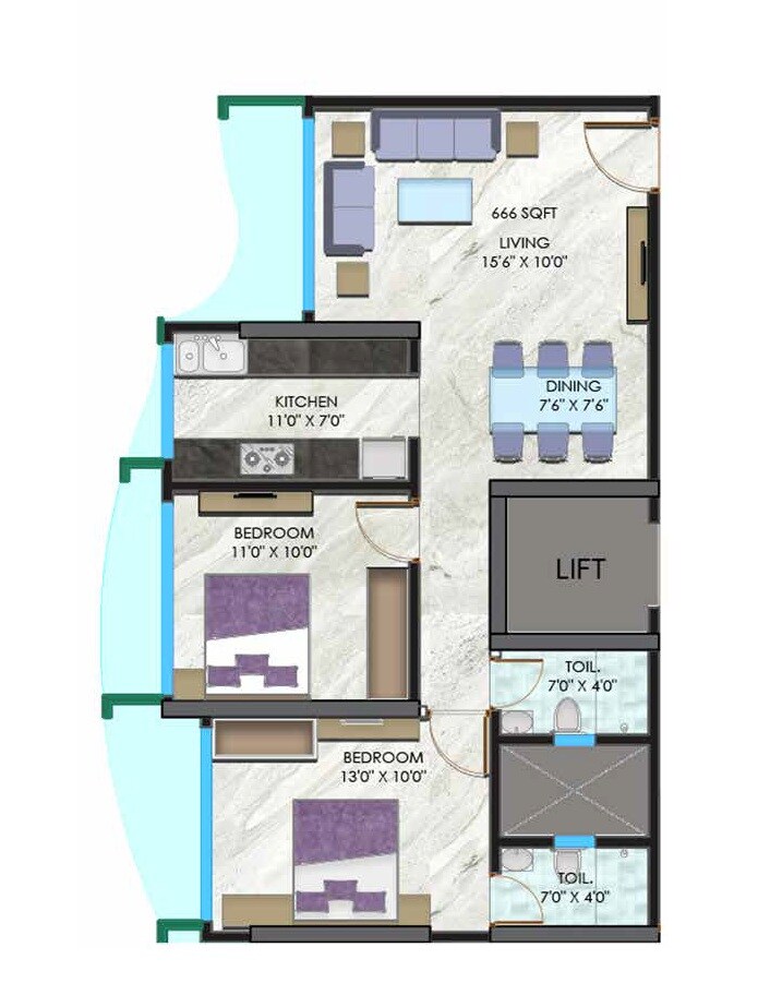 Floor plan of 2 BHK 666 Sq. Ft. Apartment in AVA Maple, Mumbai