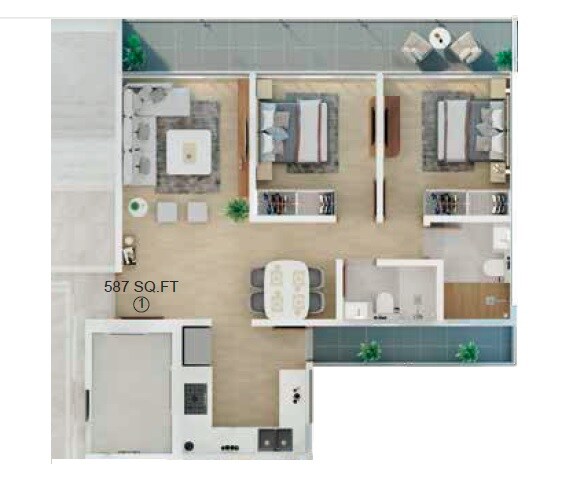 Floor plan of 2 BHK 587 Sq. Ft. Apartment in Avant Heritage, Mumbai