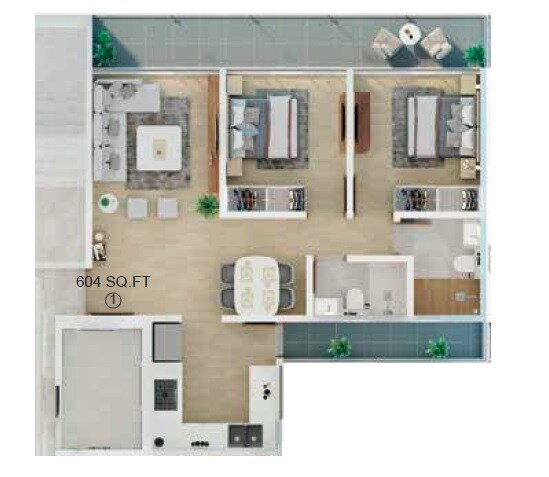 Floor plan of 2 BHK 604 Sq. Ft. Apartment in Avant Heritage, Mumbai