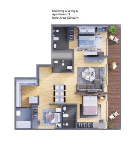 Floor plan of 3 BHK 639 Sq. Ft. Apartment in Avant Heritage, Mumbai