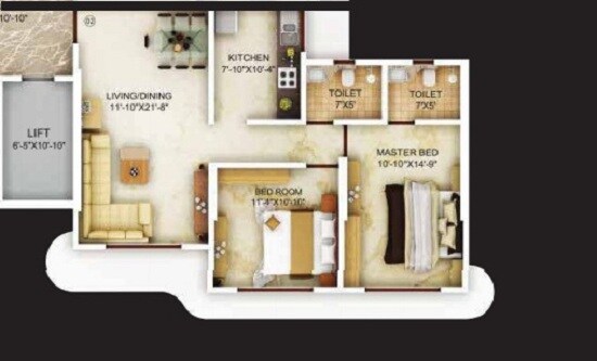 Floor plan of 2 BHK 581 Sq. Ft. Apartment in Avant Hillway Supreme D, Mumbai