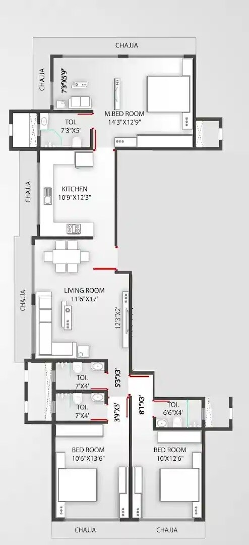 Floor plan of 3 BHK 1071 Sq. Ft. Apartment in AVD Amin Alturas, Mumbai