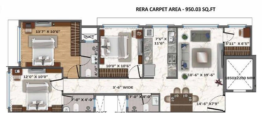 Floor plan of 3 BHK 950 Sq. Ft. Apartment in Aventus Westbrook, Mumbai