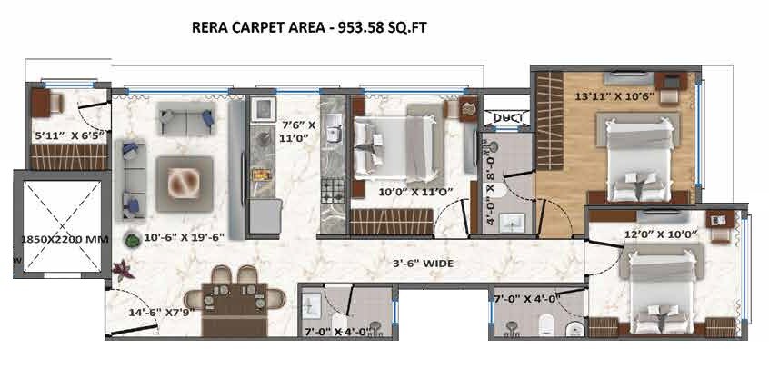 Floor plan of 3 BHK 953 Sq. Ft. Apartment in Aventus Westbrook, Mumbai