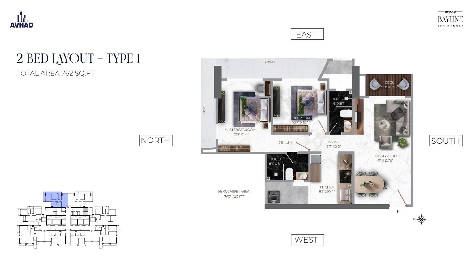 Floor plan of 2 BHK 762 Sq. Ft. Apartment in Avhad Bayline Residences, Mumbai